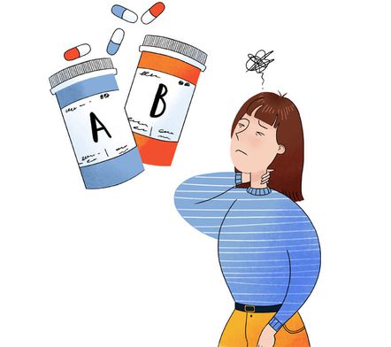 A lady holding the back of her neck with a pained expression on her face. Two pill jars appear alongside – a blue jar labelled A and a red jar labelled B. 