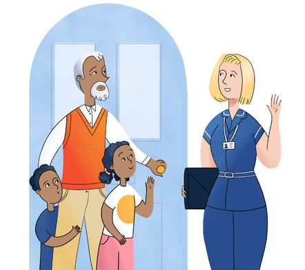 A man opening a door with a young boy and girl standing at his side. A woman is on the other side of the door. She is dressed as a nurse, is holding a folder and is waving at the man and children.