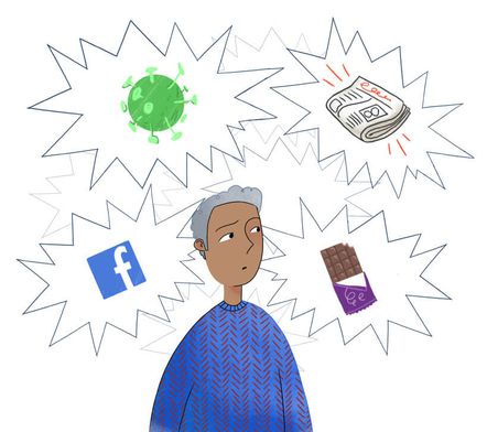 A man with a confused expression on his face is surrounded by four images inside jagged edged thought bubbles. The four images are a corona virus molecule, a newspaper, a bar of chocolate and the Facebook icon. 